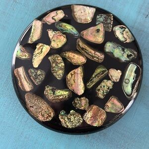 Vintage, Lucite with Abalone shell 3 Footed Hotplate or trivet , 5 1/2"